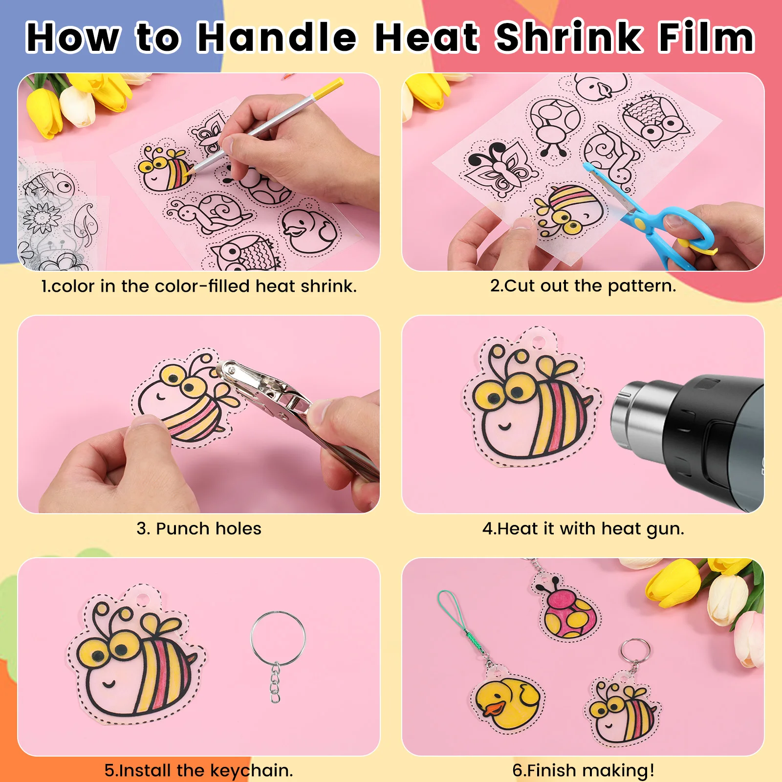 Craft Supplies Heat Shrink Plastic Sheet Shrinkles Film Paper Key Rings Kit DIY Handmade Art Shrinking Keychain 200Pcs for Gift