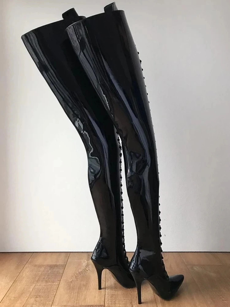 Crotch Hard Shaft Lace up Boots High Heel Stiletto Black Patent Leather Pointed Toe Long Shaft Shoes Women Winter Runway Stage
