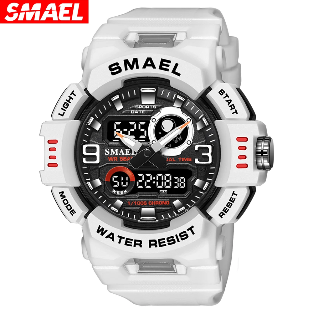 SMAEL-reloj deportivo con luz LED para hombre, cronógrafo Digital con alarma, doble pantalla de hora, fecha automática, retroiluminación, relojes de pulsera de cuarzo para jóvenes