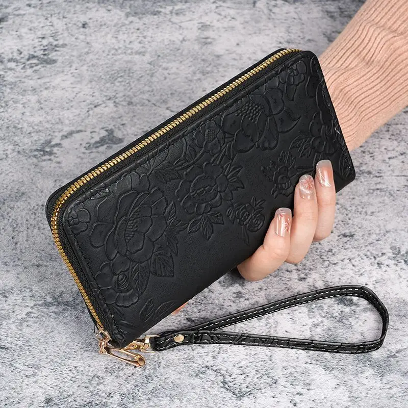 Floral Embossed Leather Women's Long Wallet – Hand-Painted Design with Phone and Card Holder