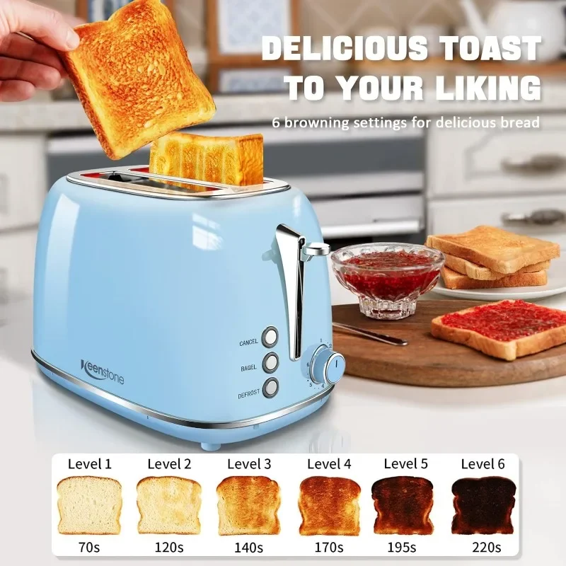 Keenstone Stainless Steel Retro Toaster 2 Slice with Bagel Function, 6 Bread Shade Settings