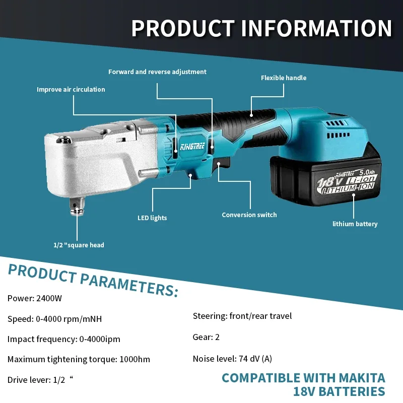 Kingtree 브러시리스 전기 래칫 렌치, 4000RPM 제거 나사 너트, 자동차 수리, Makita 18V 배터리, 가정용 DIYS, 1000NM