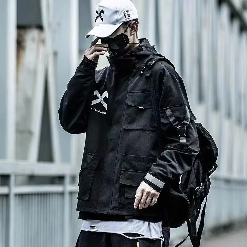 Techwear-Chaqueta reflectante para hombre, ropa de calle negra con capucha,  cortavientos impermeable, monos Retro, abrigos de ajuste suelto, chaquetas  para pareja