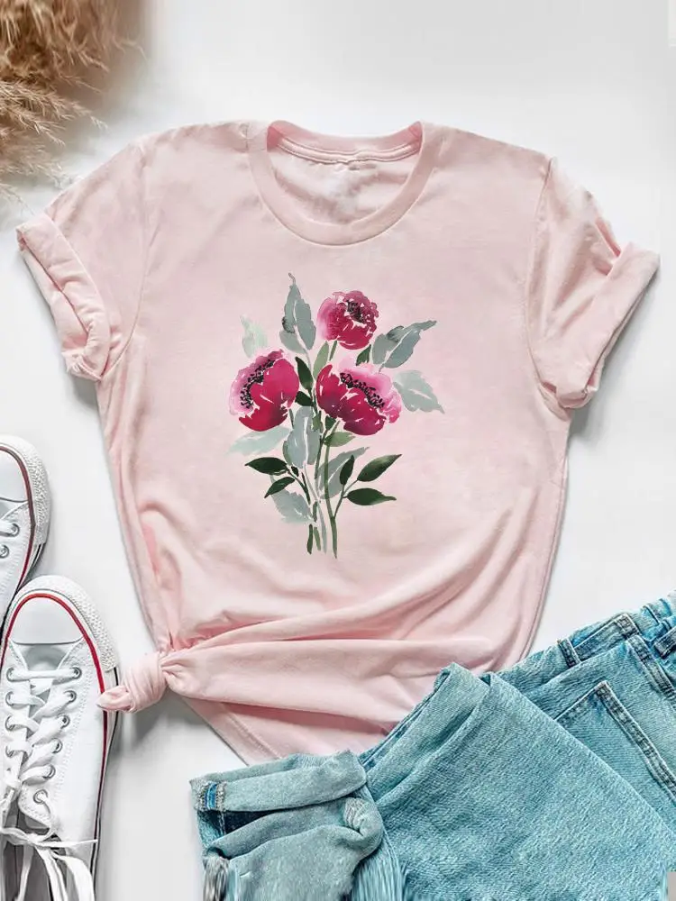 Sweet Watercolor Flower 90s Clothing Short Sleeve Tee Top Summer Graphic T Shirt Women Fashion Casual Female Print T-shirt