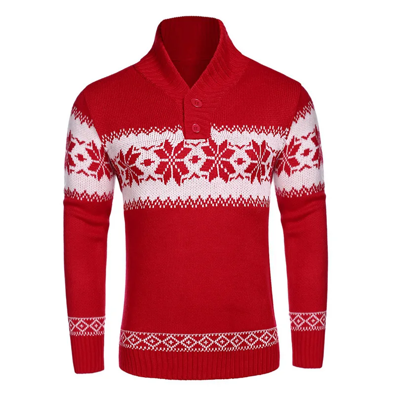 

Red Christmas Sweater Men's Clothing Winter Knitwears Knit Pullovers Long Sleeve Christmas Snowflake Print Stand-Up Collar Top