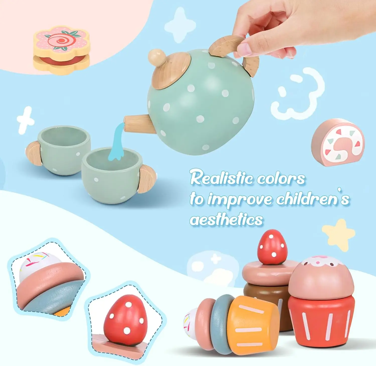 Wooden Afternoon Tea Set Toy Montessori Pretend Play Food Children's Role Play Game House Toy for Girls Boys Kids Gifts