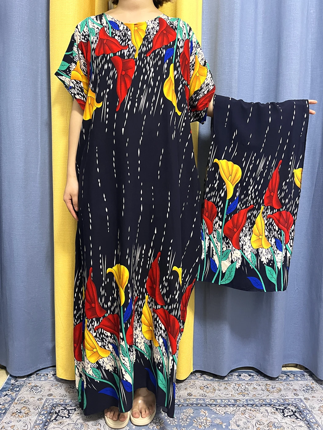Muslim Floral Print Cotton Abayas For Women Loose Femme Robe With Hijab Scarf LT169