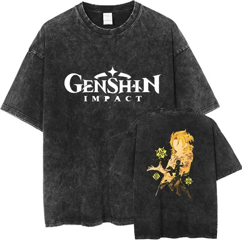 

Genshin Impact T-Shirt Anime Washed Tshirt Eren Jager Printed Cotton T Shirt Vintage Cause Fashion Streetwear Short Sleeve Tees