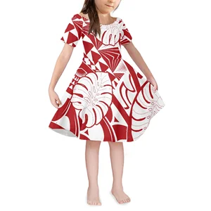 Short Sleeve Girls Fashion Party Dress Elegant Breathable Fabric Round Neck High Quality Dress Polynesian Printed Birthday Dress