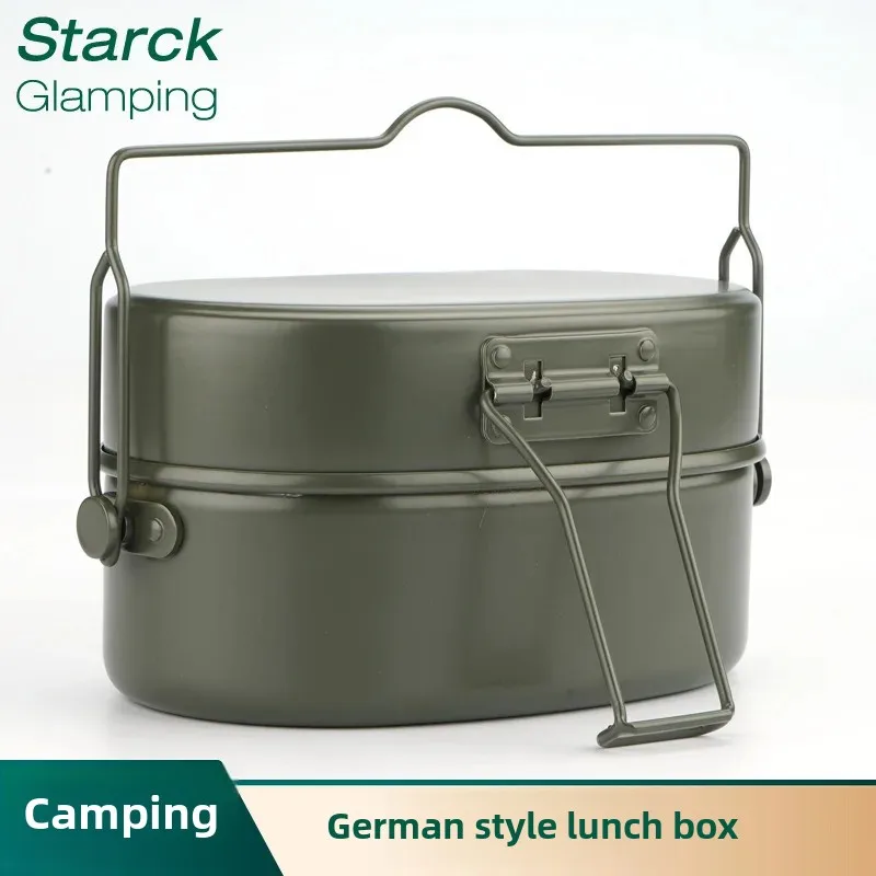 French Style Outdoor Camping Aluminum Lunch Box Double Layer Portable Meal Container With Handle Military Training Lunch Box