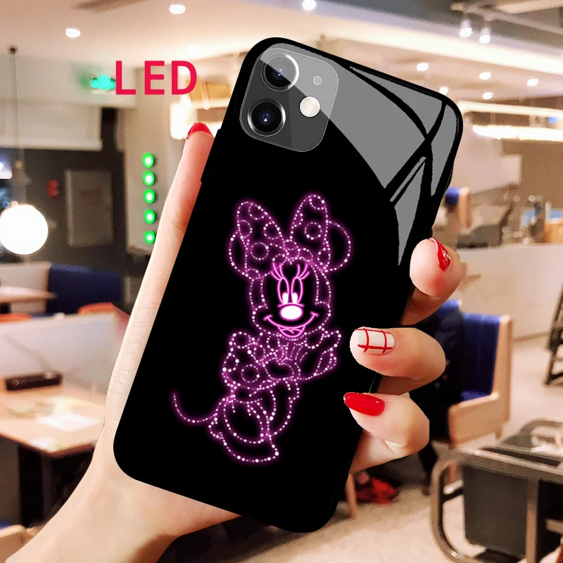 Mickey Minnie Luminous Tempered Glass phone case For Apple iphone 12 11 Pro Max mini Acoustic Control Protect LED Backlight Case pattern printing phone case for iphone 13 mini 5 4 inch anti scratch tempered glass pc back tpu frame hybrid shockproof cover moon