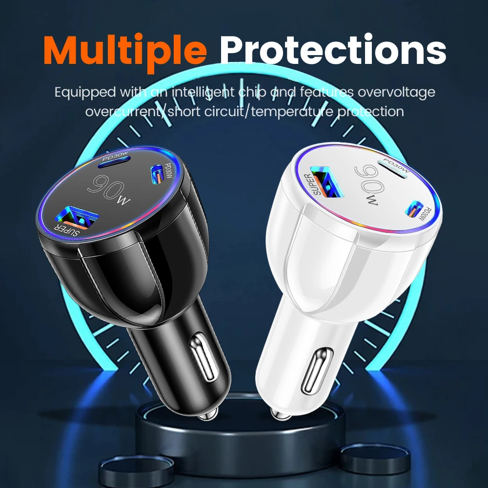 3 Port 90W USB+2PD Car Chargers USB Fast Charging Car Phone Adapter for IPhone Xiaomi Samsung Car Adapter