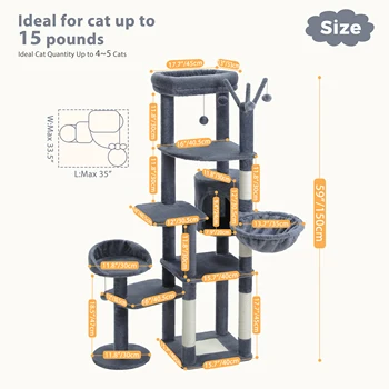 Multi-Level Cat Tree with Scratching Post Hammock Large Perches Hanging Balls Tall Cat Tower for Indoor Spacious Cat Condo House 6