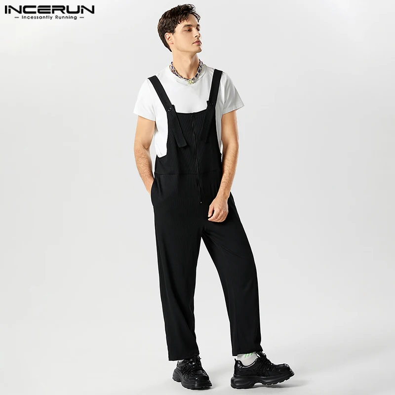 

2023 Men Jumpsuits Solid Color Pleated Zipper Sleeveless Loose Stylish Casual Overalls Streetwear Strap Rompers S-5XL INCERUN