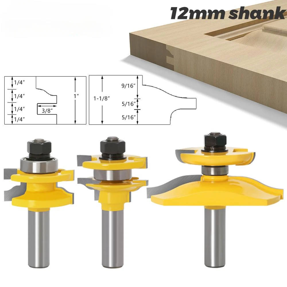 

3pcs 12mm Shank Rail & Stile Ogee Blade Cutter Panel Raised Cabinet Router Bit Set Door Tenon Woodworking Tools