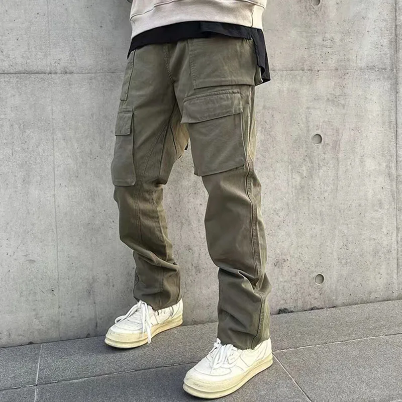 Harajuku Multi-pockets Straight Flare Pants Mens High Street Elastic Waist Solid Loose Casual Cargo Pants Hip Hop Baggy Trousers men casual pants