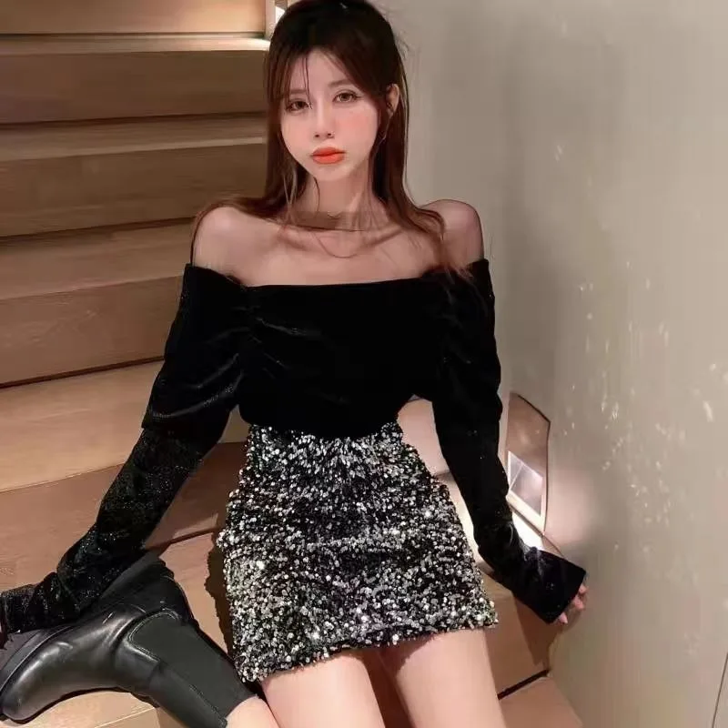 

Spicy Slash Neck Mesh Top Hip Wrap Skirt Two Piece Set Lady Sequin Splice Velvet Fashion Temperament Solid Slim Spring Party Set