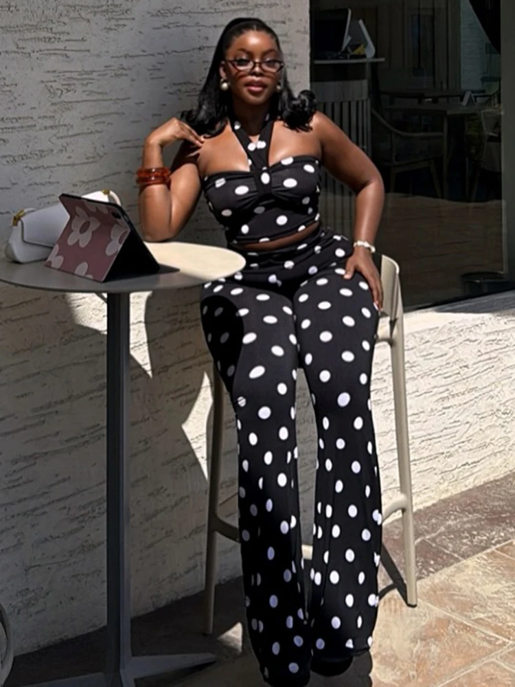 Nibber 2 Piece Set Woman Polka Dot Print Halter Off Shoulder Backless Tank Tops+Skinny Peach Hip Long Pants Sexy Fashion Suits
