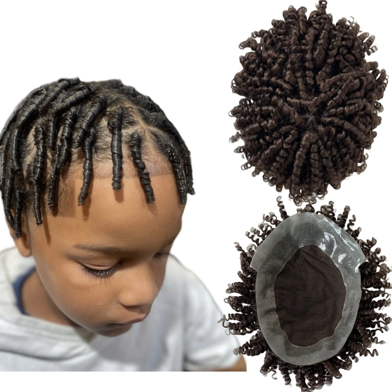 

Brazilian Virgin Human Hair Replacement Brown Color 4# 10mm Bouncy Curl Toupee AUS 6x9 Lace with PU Unit for Black Men