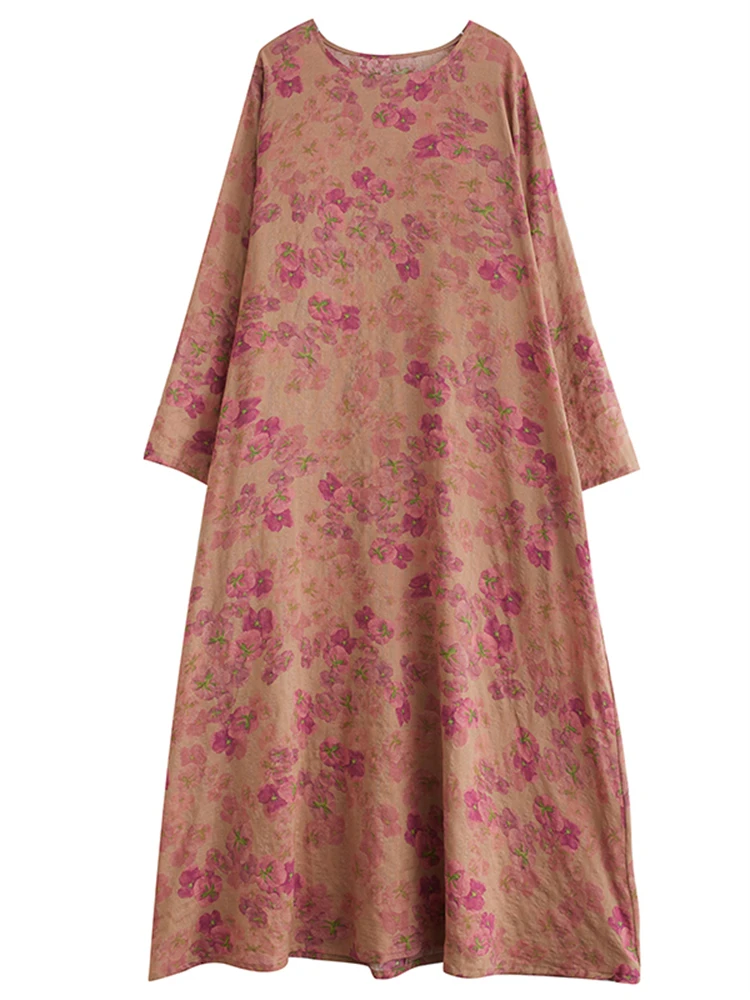 2025 Spring Autumn Cotton Vintage Long Sleeve Print Dresses For Women Casual Loose Dress Femme Robe Vestidos Elegant Clothing