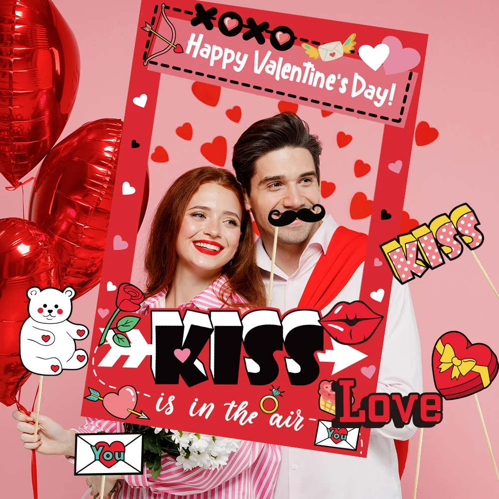Valentine's Day Photo Booth Props Kit Love Heart XOXO Photo Props With Booth Frame Selfie Wedding Party Decorations