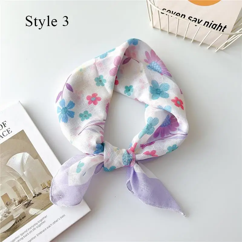 Girls Cotton Linen Small Square Scarf Hijab Shawl Korean Chic Floral Printed Headband Neckerchief Hair Accessoories 58*58cm 3