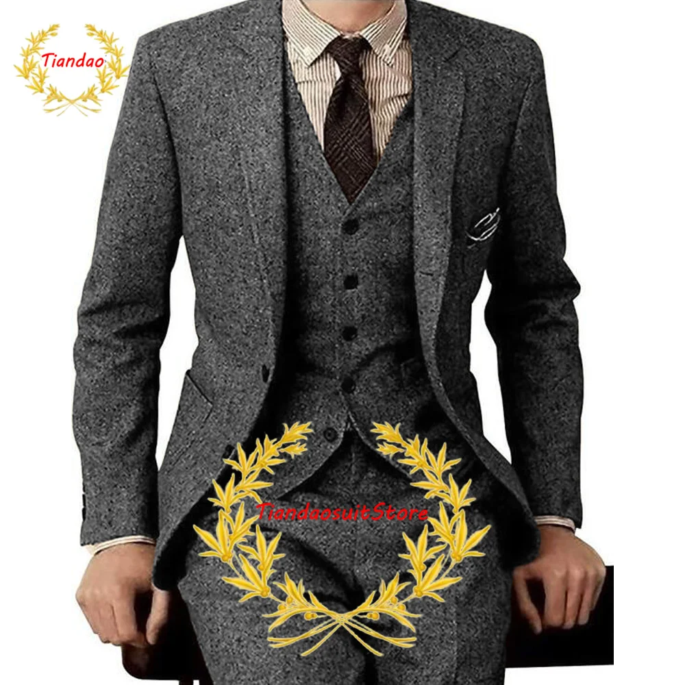 Men's 3 Piece Wool Suit Herringbone Jacket Pants Vest Slim Fit Business Outfit