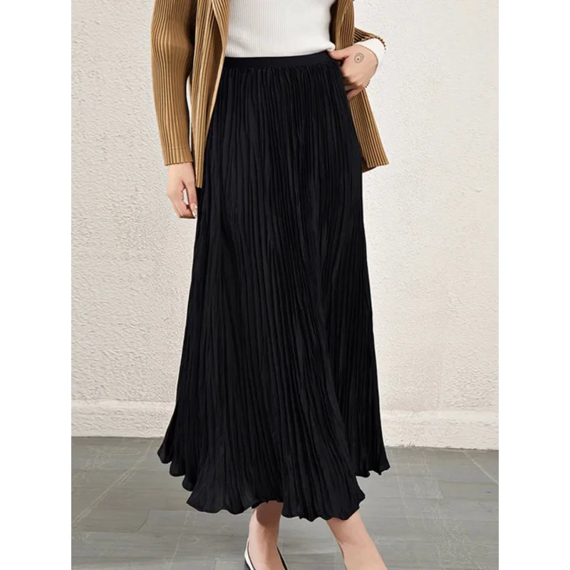 Pleated Skirt Women Elastic Waist A Line Solid Color Medium Long Loose Versatile New 2023 Fashion Female Clothing 291705