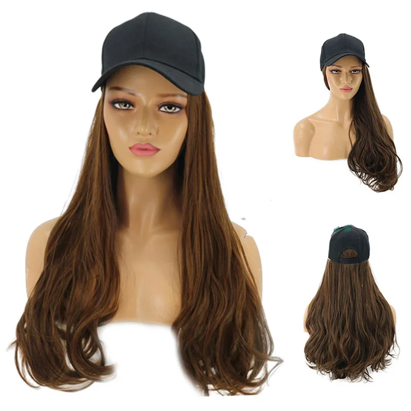 Meetlife Baseball Cap With Long Extension Wig Synthetic Hair Long Wave Hair Travel Beach Baseball Hat Grey Purple leather baseball cap