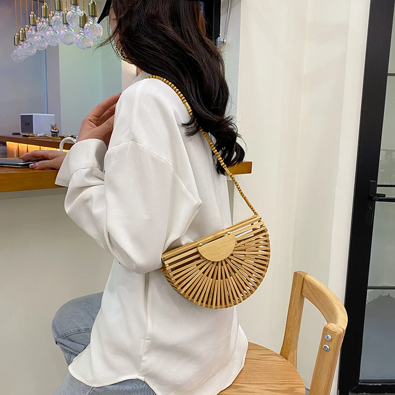 Shoulder Bags Bamboo Half Moon Bag Openwork Straw Bag Woman Beaded