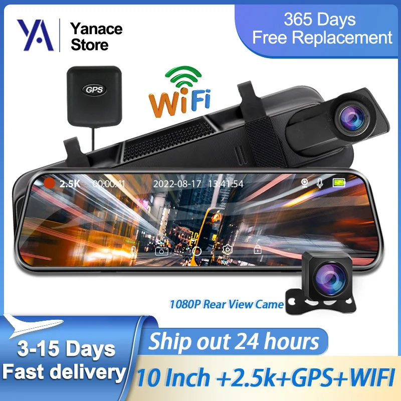 Yanace 2.5K Dvr mirror in the car Touch Screen Video Recorder Dashcam Rearview Mirror 1440P GPS Wifi 24H Parking DVR Black Box