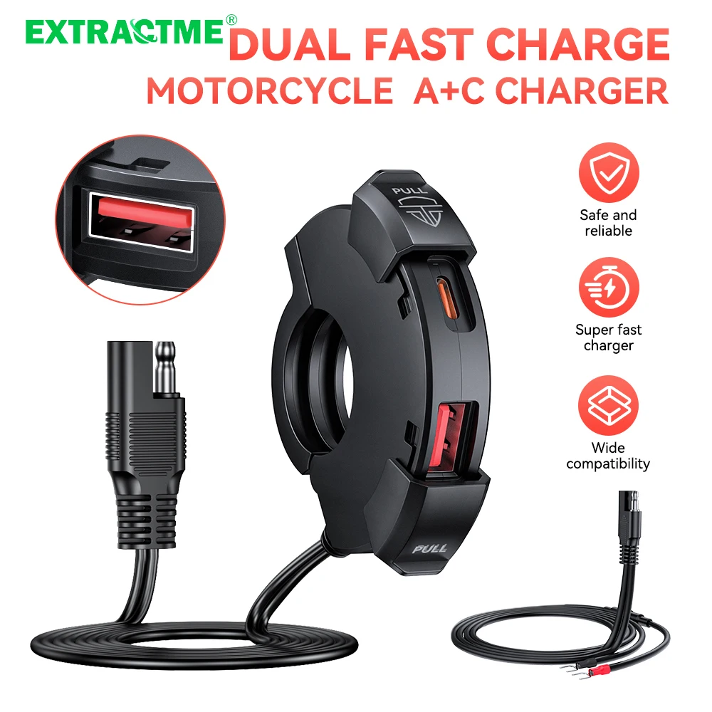 Extractme Motorcycle Phone Charger Ultra-Narrow Dual USB Type C 30W PD&Quick Charge 3.0 Waterproof Motorcycle USB Port Phone phone charger
