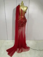 Sexy One Shoulder Shiny 3D Floral Mesh Transparent Maxi Dress 2025 Evening Party Birthday Wedding NightClub Bar Stage Costumes - Image 3