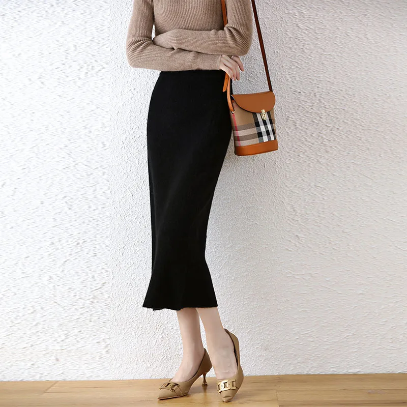 Wool Knitted Skirt Women's Autumn and Winter New Fashion High Waist One Step Skirt Slim Thickened Mid Length Hip Wrap Skirt