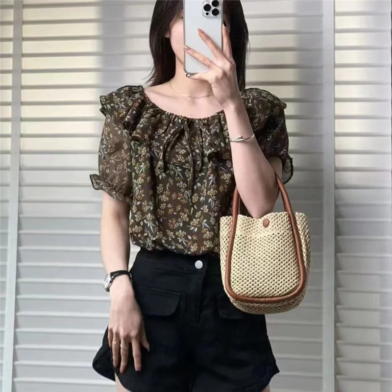 Casual Ruffles Patchwork Loose Shirt Vintage Broken Flowers Printed Women's Clothing O-Neck Summer New Stylish Drawstring Blouse