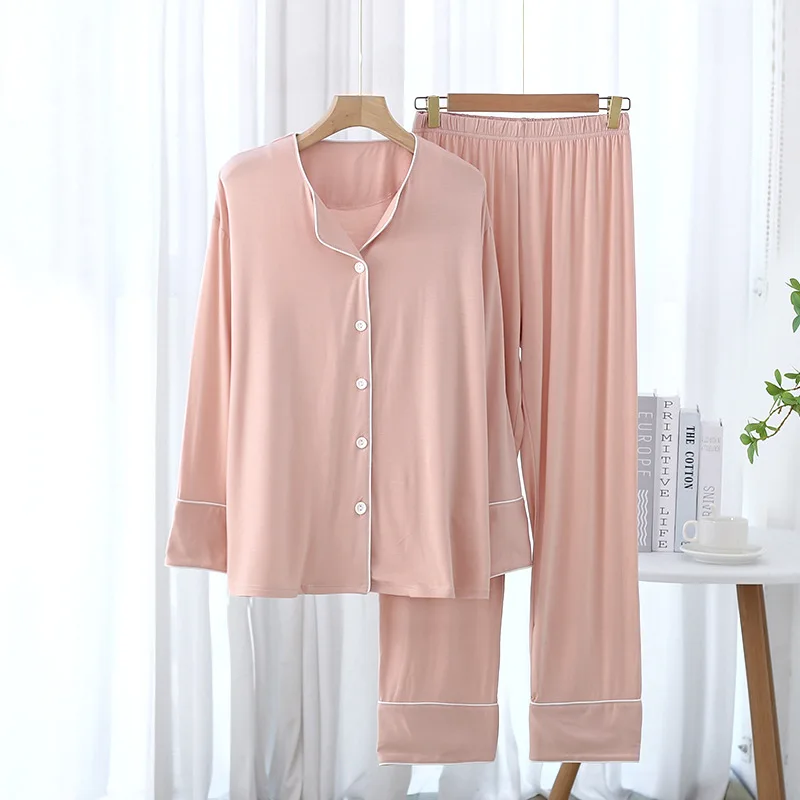 New Spring and Autumn Women's Pajamas Set Modal Pure Color Simple Thin Cardigan Long Sleeve Pants Two Piece Home Suit Sleepwear