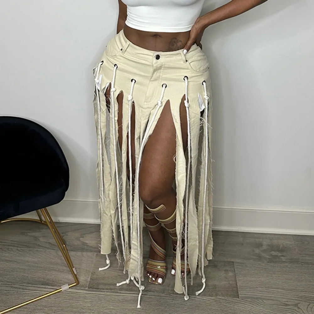 Soild Tassel Long Skirt Spicy Girl Y2k 2024 Summer Fashion Hollowed Out Irregular Button Fly Skirts Party Club Streetwear