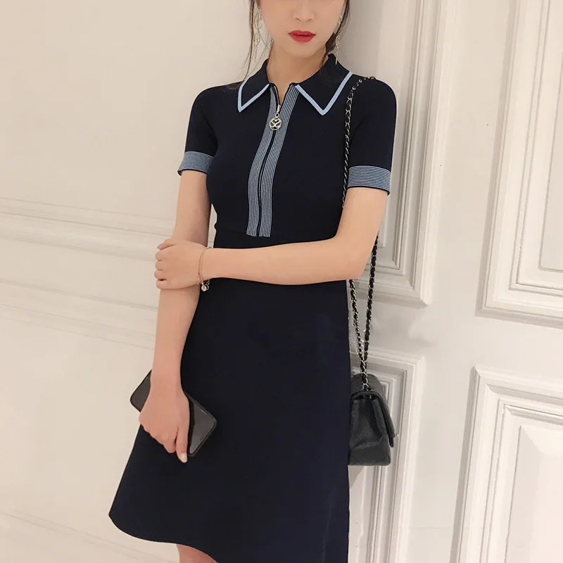 

Slim Knit Elegant Commuter Dress Fashionable Women's Dress Lapel Short Sleeve