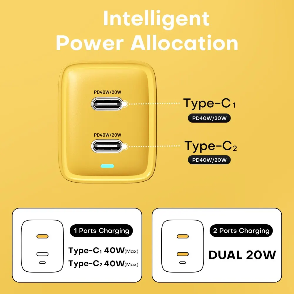 ASOMETECH 듀얼 USB C 타입 고속 충전기, 40W GaN 충전기, QC4.0 PPS PD 휴대용 휴대폰 충전기, 아이폰 16, 삼성 S23, 아이패드 태블릿용
