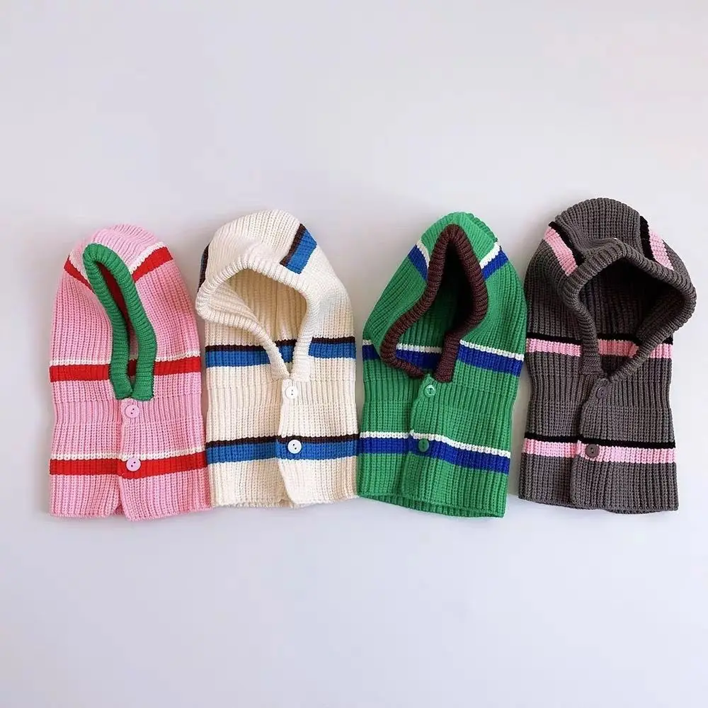 Soft Colorful Stripe Balaclava Hat Windproof Stretchable Knitted Cap Scarf Winter Warm Hooded Beanies