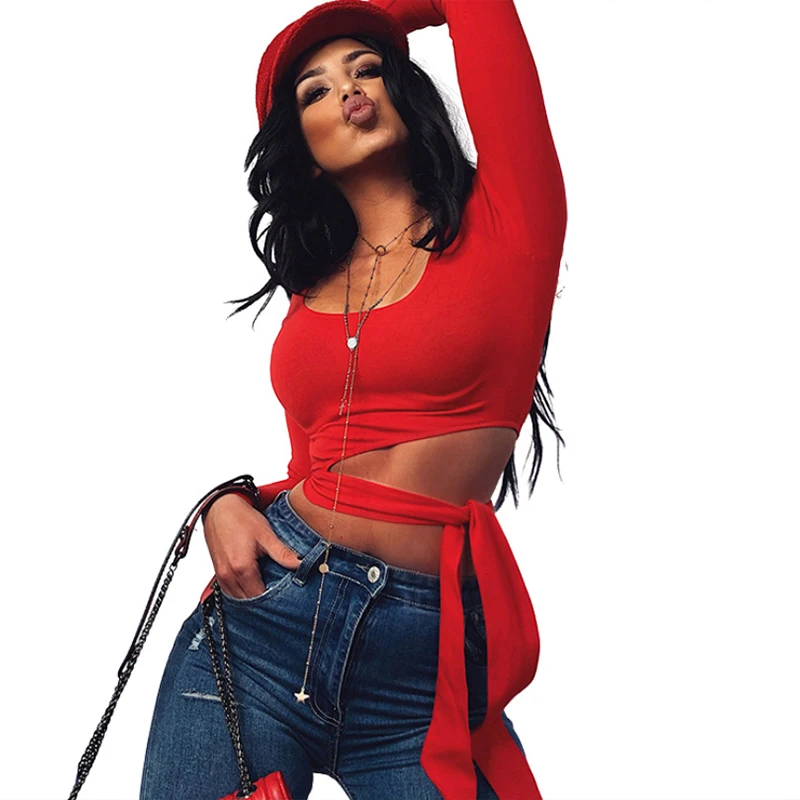 

Женский облегающий Топ с длинным рукавом, однотонная облегающая футболка с U-образным вырезом, с вырезами, уникальный дизайн, Осень-зима