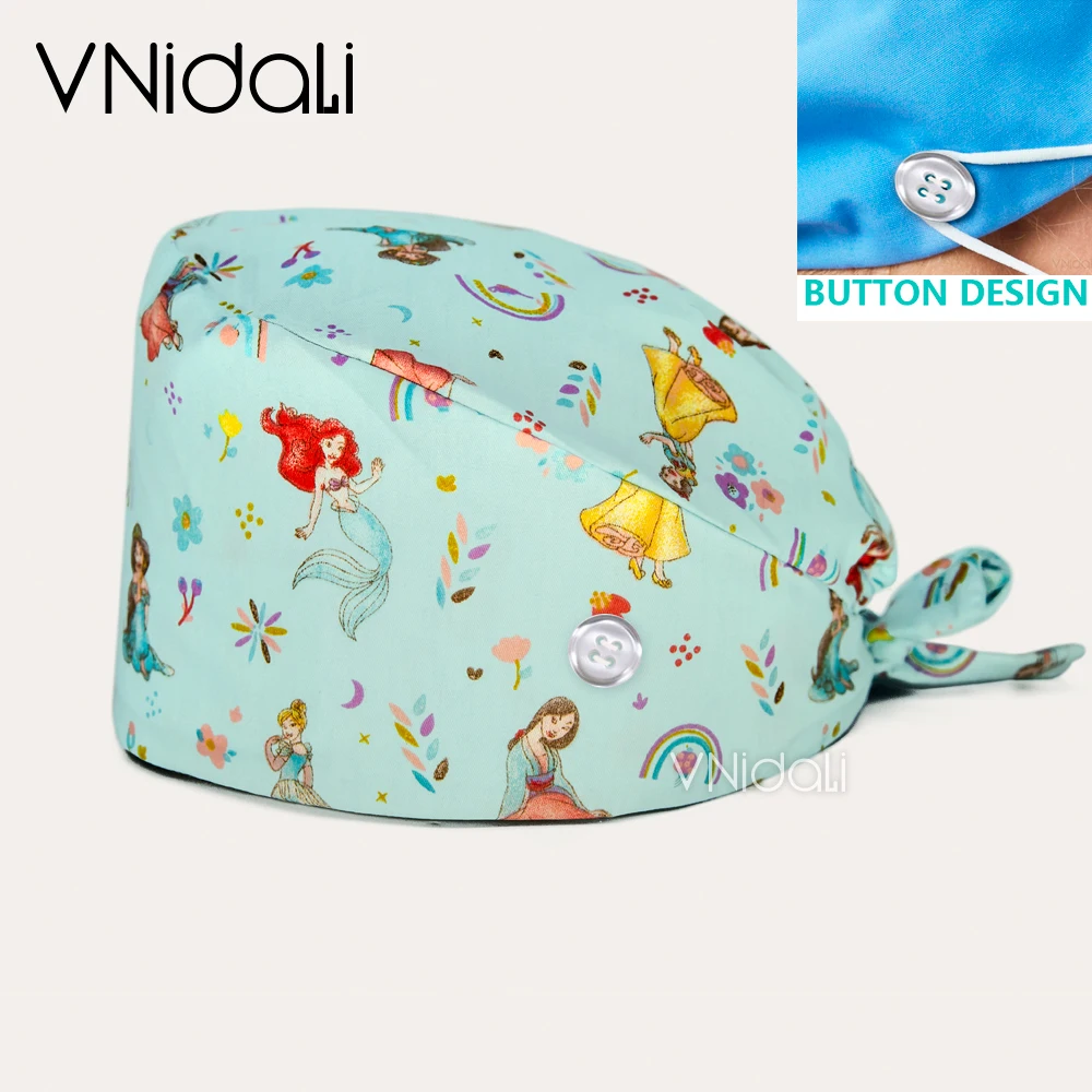 유니섹스 귀여운 만화 동물 스크럽 모자 간호사 유니폼 액세서리 애완 동물 가게 실험실 작업 모자, 면 외과 모자 버튼 포함