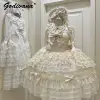 Original Design Lolita Sweet Dress Set Girl Women's Cute Lace Flare Sleeve Inner Shirt Fairy Lace Bow Jsk Suspender Cake Dress 1