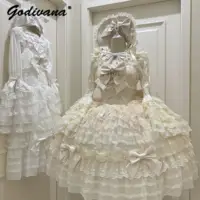 Original Design Lolita Sweet Dress Set Girl Women's Cute Lace Flare Sleeve Inner Shirt Fairy Lace Bow Jsk Suspender Cake Dress 1