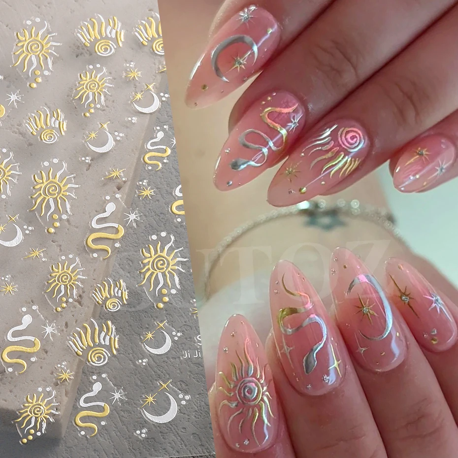 3D Snakes Star Moon Nails Stickers Gold Silver Double Color Sun Design Serpent Snakelike Crescent Pattern Manicure Decals #SU-42 3