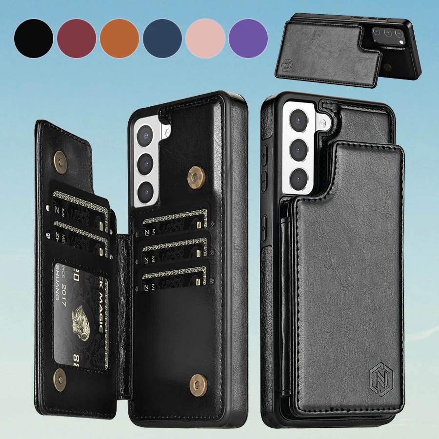 Magnetic Double Buckle RFID Blocking Leather Card Holder Wallet Case