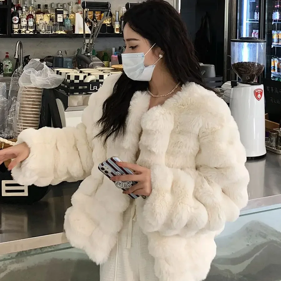 Winter Rabbit Fur Short Coat 2023 Lamb Women's Thick Warm Tops Fashion Slim Fur Vintage Women's Clothing Autumn/Winter Outerwear