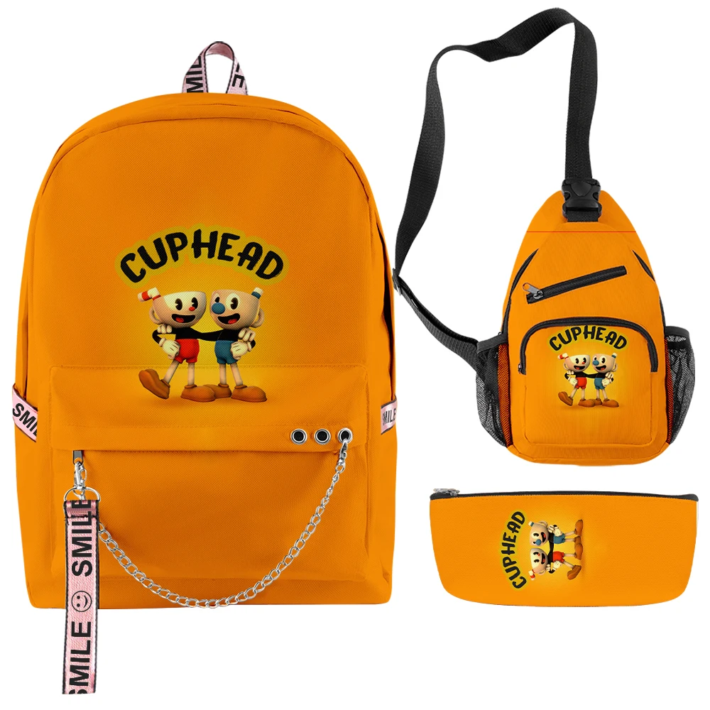 Classic Cartoon Novelty Cuphead Anime 3D Print 3pcs/Set Student School Bags multifunction Travel Backpack Chest Bag Pencil Case