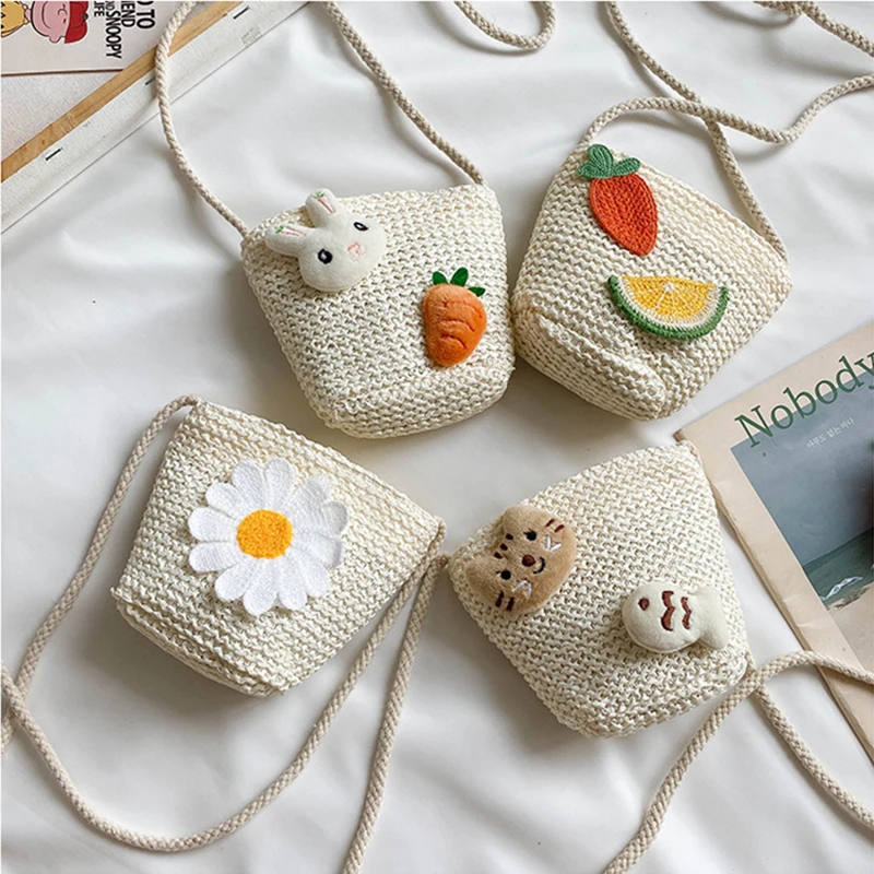 

Baby Shoulder Bags Cute Rabbit Cat Messenger Bag for Girls Straw Children's Handbag Coin Bags Fashion Kids Beach Crossbody Bag