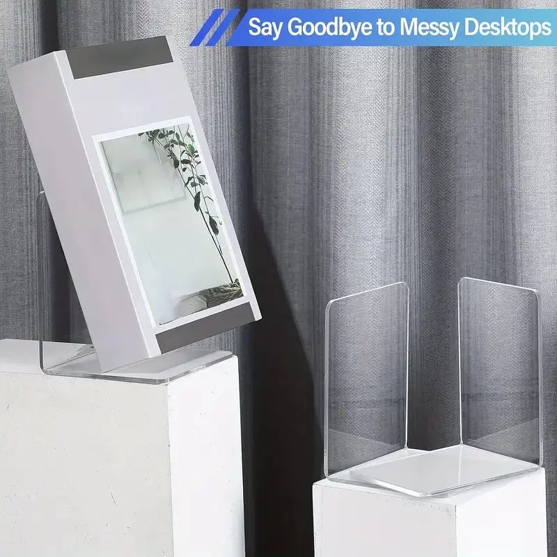 8 Pieces Bookends Clear Bookends for Shelves Heavy Duty Book Ends and Desktop Organizer Book Stopper for Books/Movies/CD